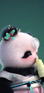 Cute cartoon panda eating ice cream with floral decoration.