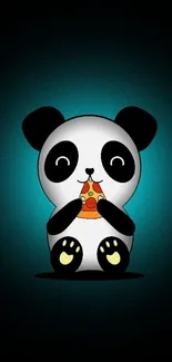 Cute panda cartoon eating pizza on teal background.