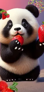 Cute panda with strawberries on a colorful background.