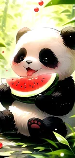 Cute panda with watermelon in bamboo forest wallpaper.