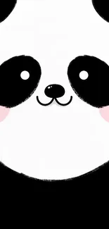 Minimalist cute panda face wallpaper in black and white with pink cheeks.