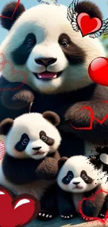 Cute panda family with hearts on a vibrant mobile wallpaper.