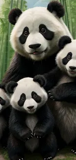 Adorable panda family in a bamboo forest on a mobile wallpaper.