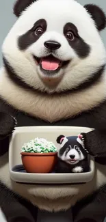 Cute cartoon pandas with a plant.