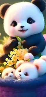 Adorable panda family surrounded by colorful flowers and greenery.