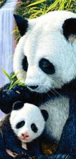 Mother and baby panda by waterfall in lush landscape.