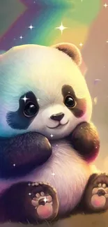 Cute baby panda in colorful fantasy setting with sparkling stars image.