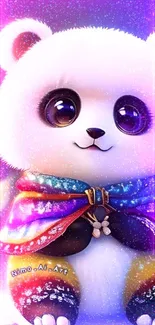 Cute panda with colorful cape in a fantasy setting with flowers.