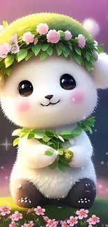 Cute panda with floral wreath and glowing background.