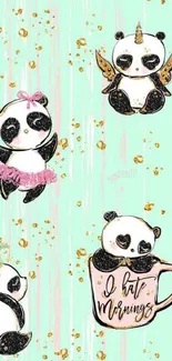 Cute panda fantasy wallpaper with mint green background and gold accents.