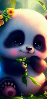 Adorable cartoon panda in a fantasy forest with vibrant flowers.