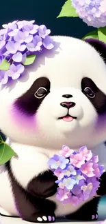 Adorable panda with hydrangeas on a vibrant floral background.