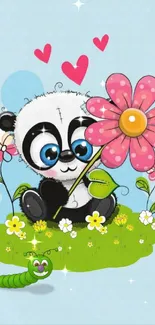 Cartoon panda with pink flower on light blue background.