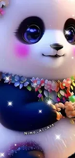 Adorable animated panda with a floral necklace and sparkling accents.