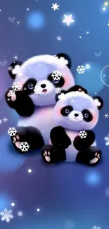 Cute pandas on a galaxy-themed wallpaper with stars and snowflakes.