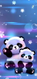 Cute pandas in a galaxy-themed wallpaper with stars and bubbles.