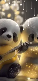 Two cute pandas with a guitar under magical starry lights.