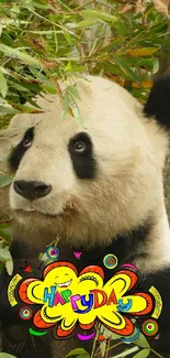 Cute panda surrounded by bamboo with vibrant 'Happy Day' text.