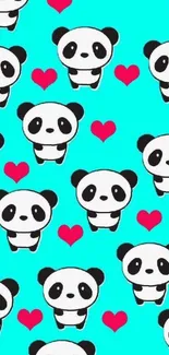 Cute panda wallpaper with teal background and red hearts.