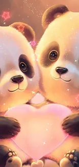 Two cute pandas holding a glowing heart with stars.