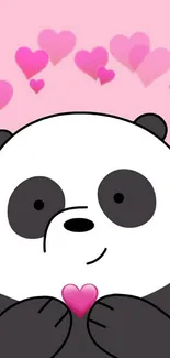 Panda holding a heart with floating pink hearts on a soft pink background.