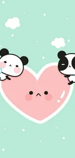 Cute pandas hugging a pink heart on a mint green background.