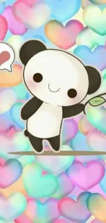 Cute panda with colorful heart background.