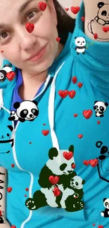 Cute mobile wallpaper with pandas and hearts on cyan background.