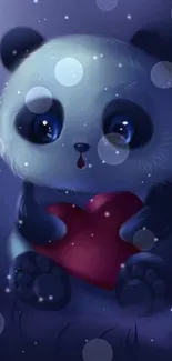 Adorable panda holding a heart under a dreamy night sky.