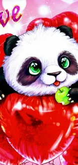 Cute panda holding green apple on red heart balloons, vibrant mobile wallpaper.