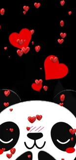 Cute panda with red hearts on a black background.