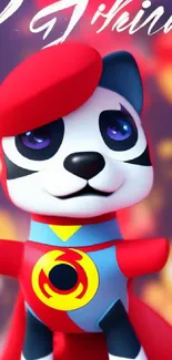 Colorful cartoon panda dressed as a superhero in vivid red and blue tones.