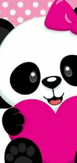 Cartoon panda holding a pink heart with polka dot background.