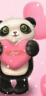 Cute panda holding a pink heart with stars.