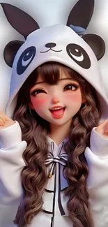 Adorable girl in panda hoodie with anime style on white backdrop.