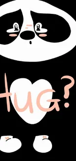 Adorable panda illustration with "Hug?" text on a black background.