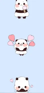 Cute panda cartoon wallpaper with ice cream and hearts on a light blue background.