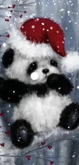 Cute panda with red Santa hat in snowy winter scene.