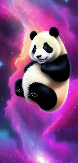 Cute panda floating in vibrant cosmic clouds with stars in background.