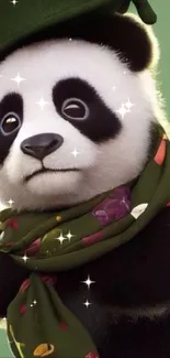 Cute panda with green scarf and hat on mobile wallpaper.