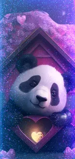 Cute panda in heart frame with sparkly purple background.