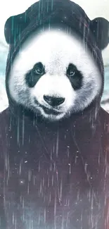 Cute panda in a hoodie with rain effect, perfect for mobile wallpaper.