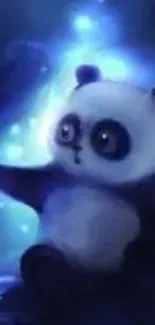 Cute panda in a magical, glowing blue background.