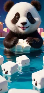 Panda playing with marshmallows in a pool.