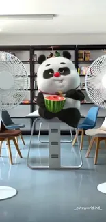 Cute panda sitting on a table in a modern office, eating watermelon.