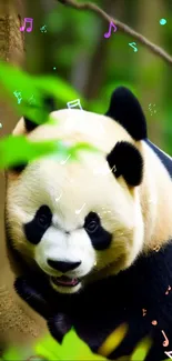 Adorable panda with musical notes in a vibrant green forest setting.