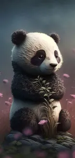 Panda sitting among pink flowers in peaceful nature setting.