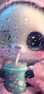 Cute panda with a can in raindrops wallpaper.