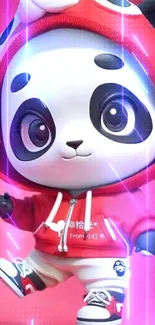 Adorable panda in red hoodie on colorful wallpaper.