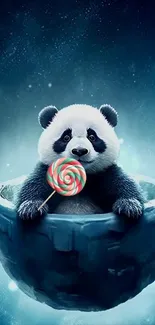 Cute panda holding lollipop in space-themed digital art wallpaper.